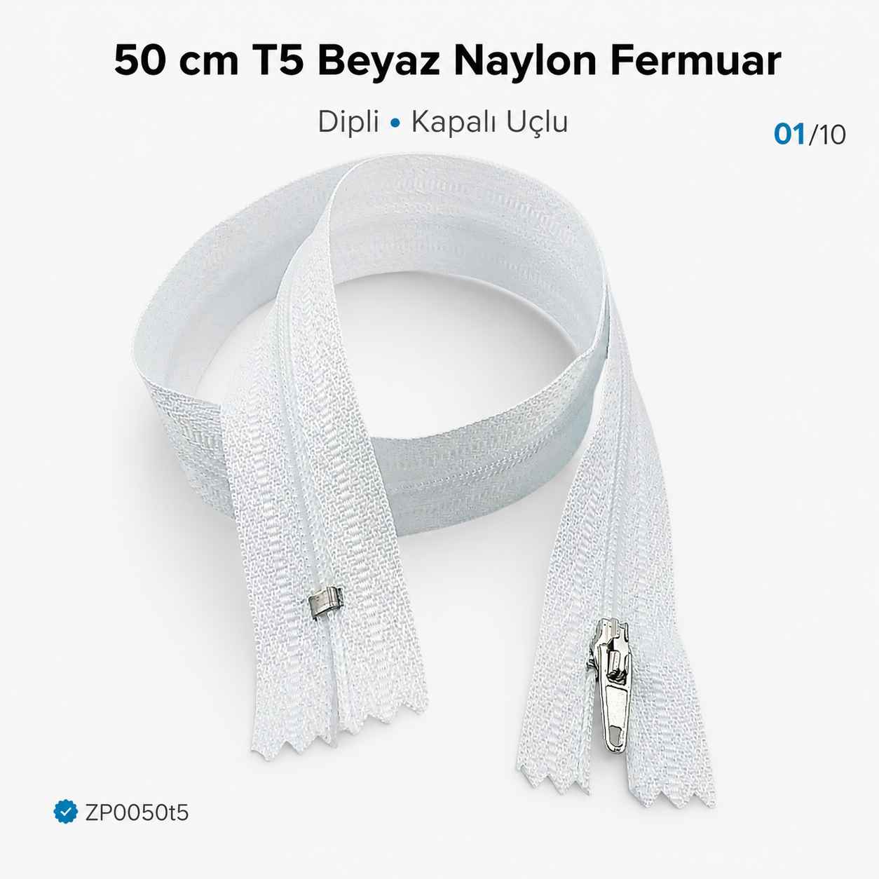 50 cm T5 Beyaz Naylon Bobin Dipli Fermuar – Çanta ve Cep Fermuarı ZP0050t5