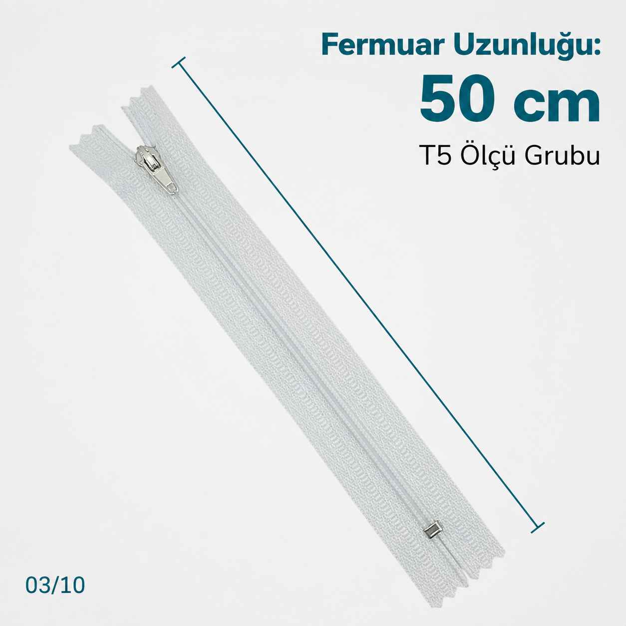 50 cm T5 Beyaz Naylon Bobin Dipli Fermuar – Çanta ve Cep Fermuarı ZP0050t5