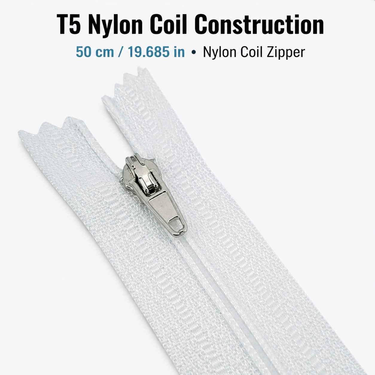 50 cm T5 Beyaz Naylon Bobin Dipli Fermuar – Çanta ve Cep Fermuarı ZP0050t5