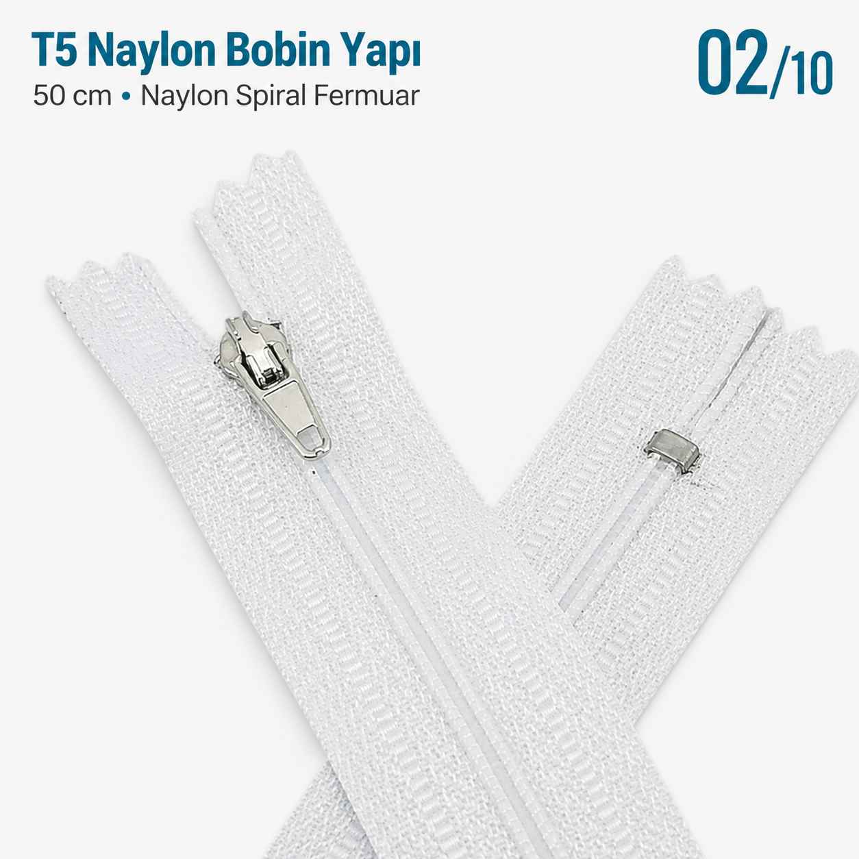 50 cm T5 Beyaz Naylon Bobin Dipli Fermuar – Çanta ve Cep Fermuarı ZP0050t5