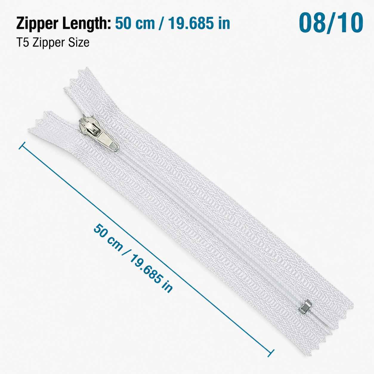 50 cm T5 Beyaz Naylon Bobin Dipli Fermuar – Çanta ve Cep Fermuarı ZP0050t5