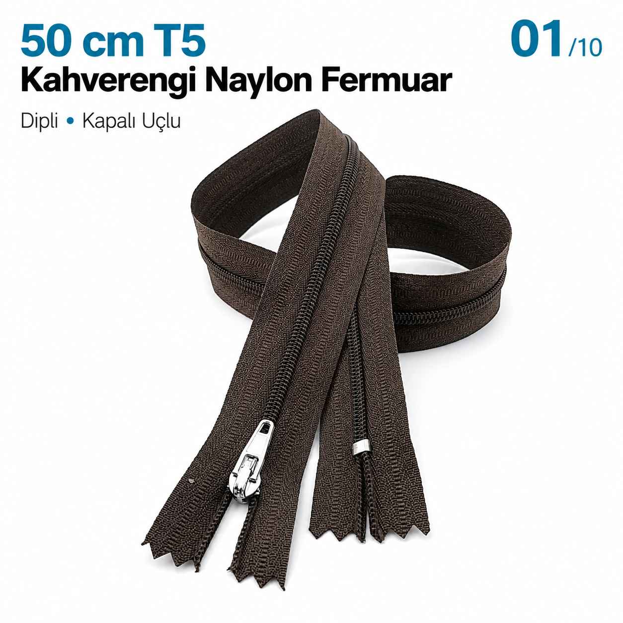 50 cm T5 Kahverengi Naylon Bobin Dipli Fermuar – Çanta, Cep ve Cüzdan Fermuarı ZP0050t5K