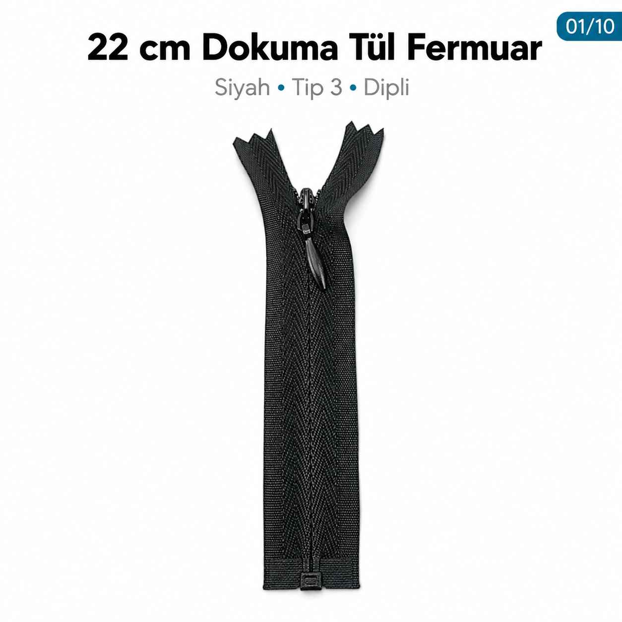 22 cm Siyah Dokuma Tül Dipli Gizli Fermuar – Elbise, Etek ve Abiye İçin ZPG0022DKM