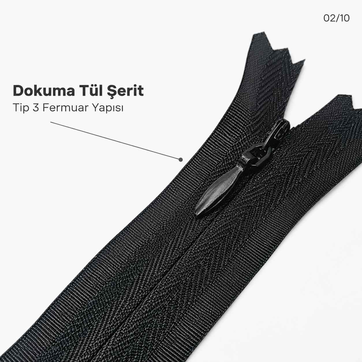 22 cm Siyah Dokuma Tül Dipli Gizli Fermuar – Elbise, Etek ve Abiye İçin ZPG0022DKM