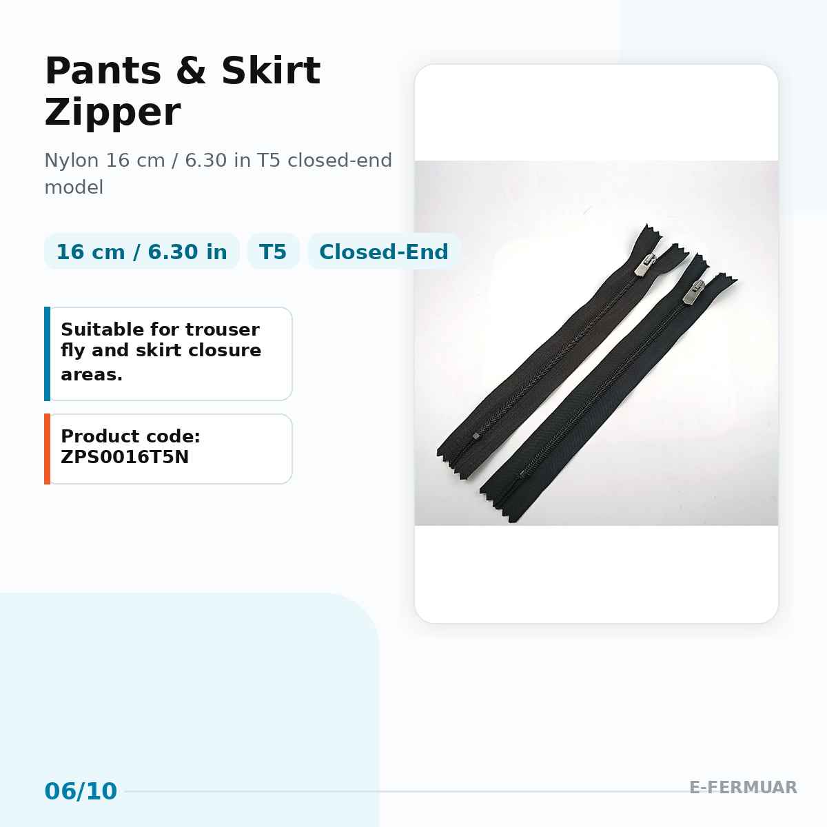 Pantolon ve Etek Fermuarı Naylon 16 cm T5 Kapalı Uçlu ZPS0016T5N