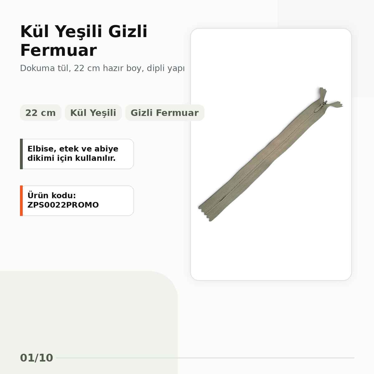 Gizli Fermuar Dokuma Tül Kül Yeşili 22 cm Dipli Elbise, Etek ve Abiye Fermuarı ZPS0022PROMO