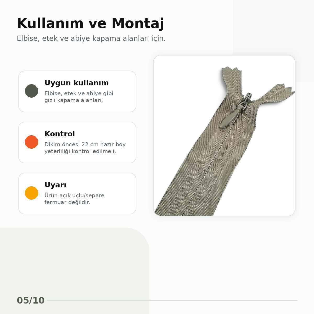 Gizli Fermuar Dokuma Tül Kül Yeşili 22 cm Dipli Elbise, Etek ve Abiye Fermuarı ZPS0022PROMO