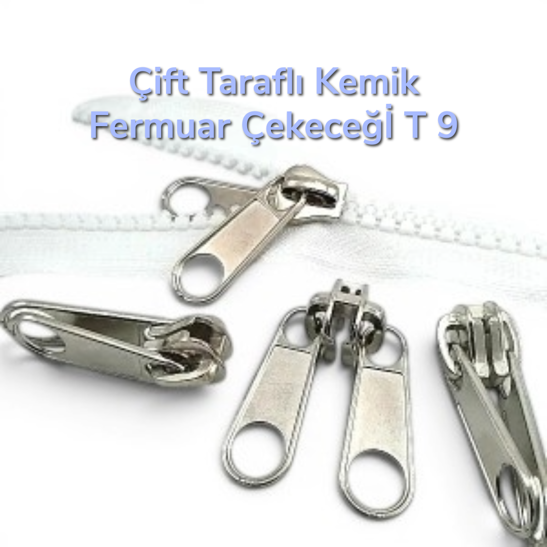 Çadır ve ağır kullanım için ideal, çift elcikli Tip 9 kemik fermuar kursörü.