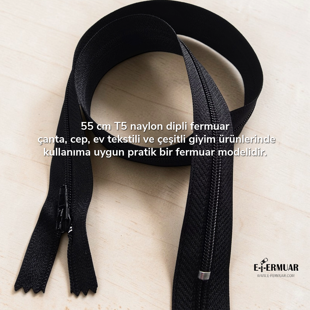 55 cm Black T5 Nylon Closed-End Zipper – Durable Bottom Model - ZP0055T5