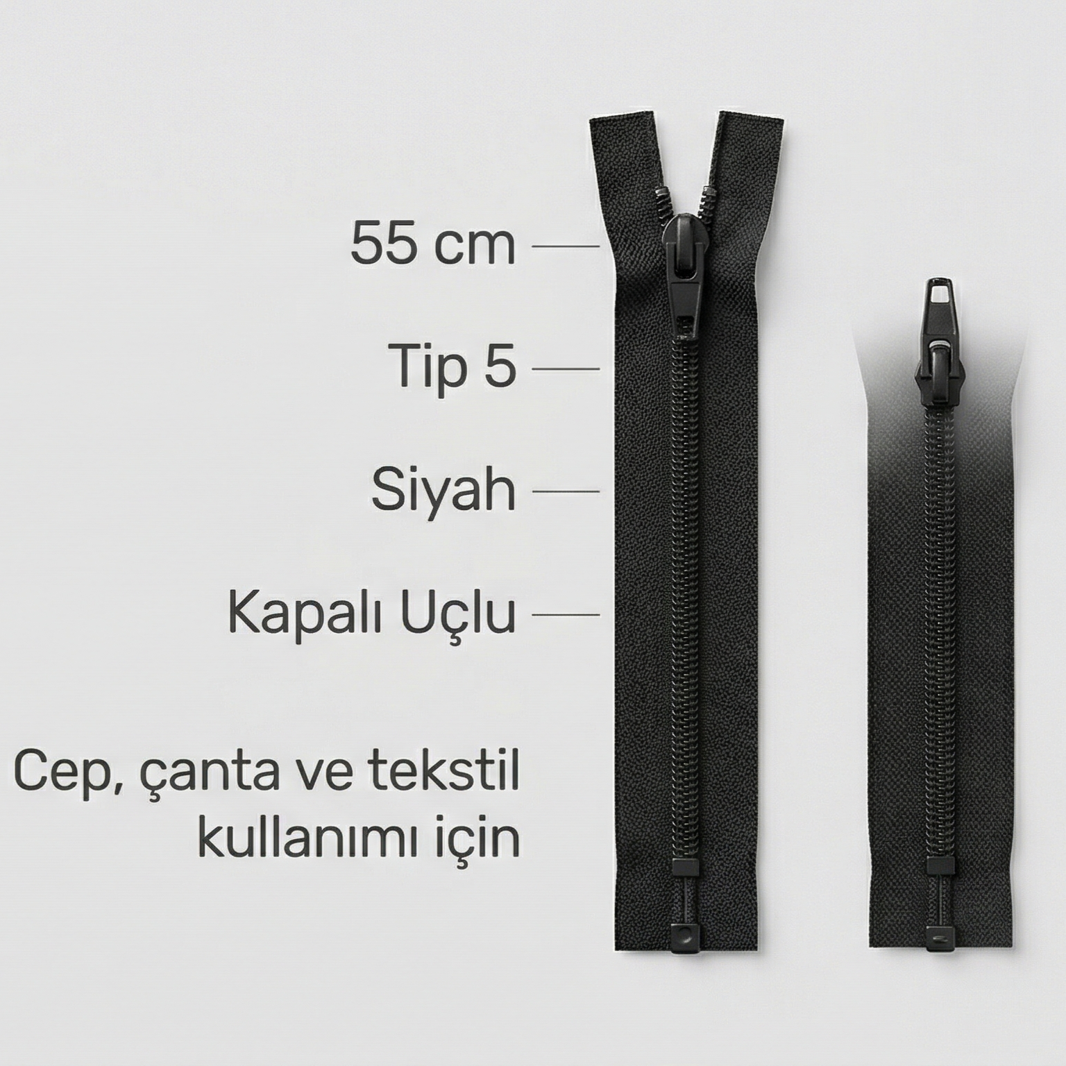 55 cm Siyah T5 Naylon Kapalı Uçlu Fermuar – Dayanıklı Dipli Model - Zp0055t5
