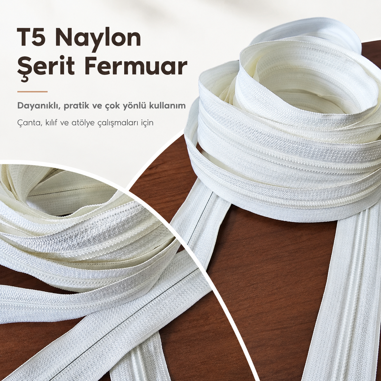 Durable and lightweight #3 nylon tape zipper, ideal for various textile products.