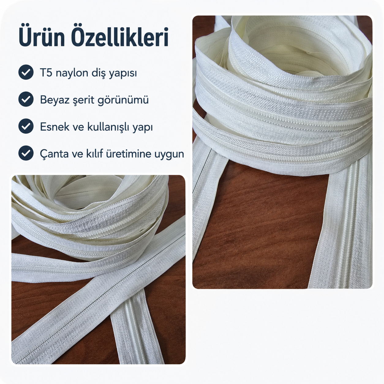 Durable and lightweight #3 nylon tape zipper, ideal for various textile products.