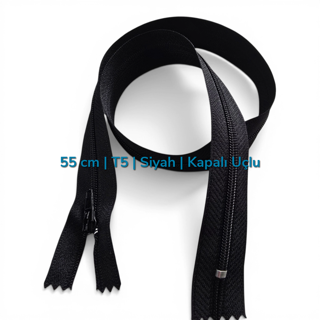 55 cm Siyah T5 Naylon Kapalı Uçlu Fermuar – Dayanıklı Dipli Model - Zp0055t5