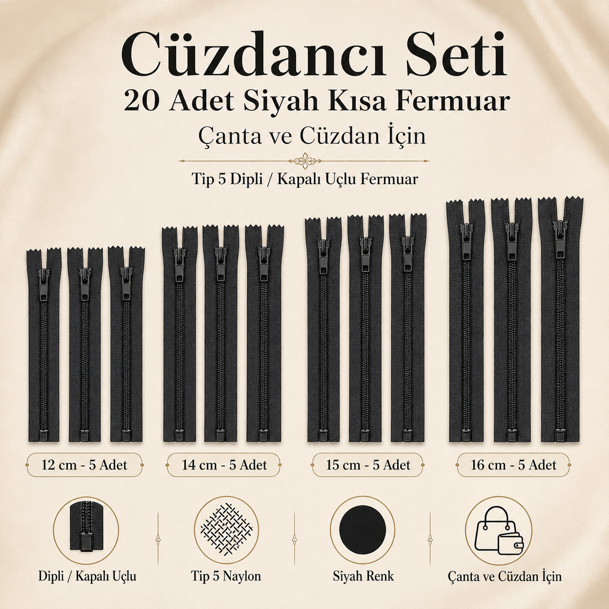 Cüzdancı Seti – , Çanta ve Cüzdan İçin Tip 5 20 Adet Siyah Kısa Fermuar Kapalı Uçlu Fermuar ST-0001T5