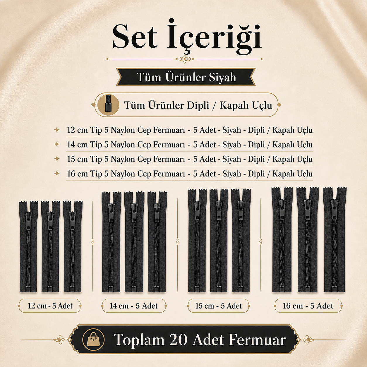 Cüzdancı Seti – , Çanta ve Cüzdan İçin Tip 5 20 Adet Siyah Kısa Fermuar Kapalı Uçlu Fermuar ST-0001T5