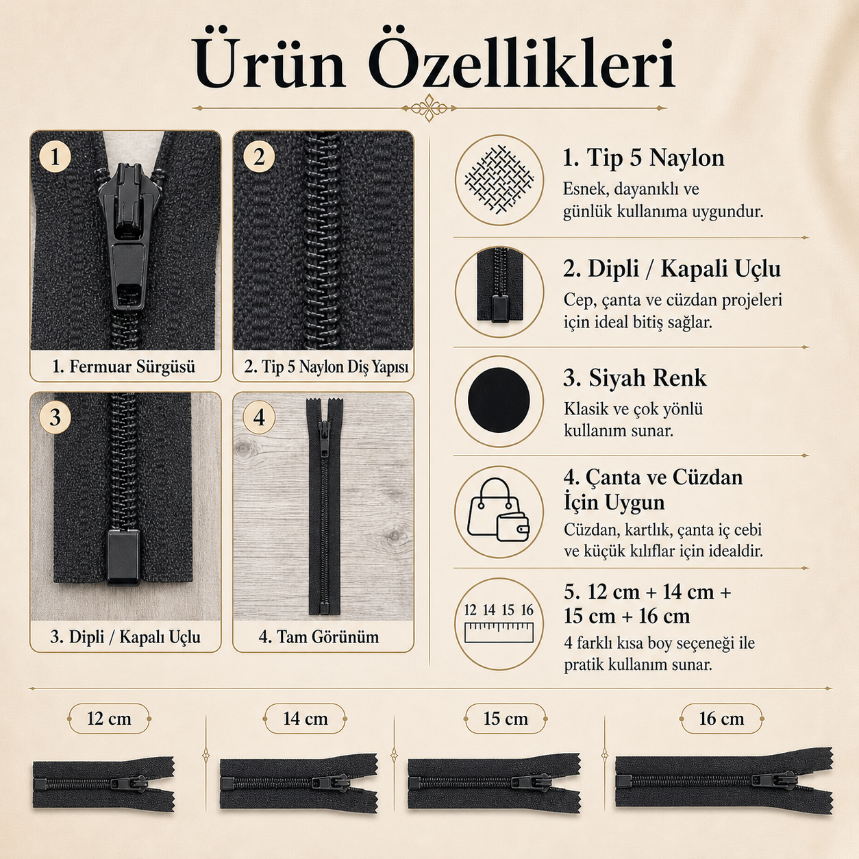 Cüzdancı Seti – , Çanta ve Cüzdan İçin Tip 5 20 Adet Siyah Kısa Fermuar Kapalı Uçlu Fermuar ST-0001T5