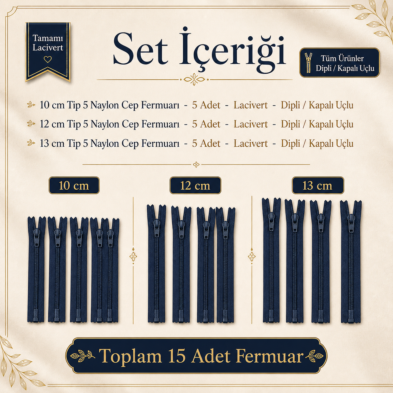 Mini Çantacı Başlangıç Seti –  Kısa Fermuar 15 Adet Lacivert Tip 5 Kapalı Uçlu Fermuar ST-0002T5