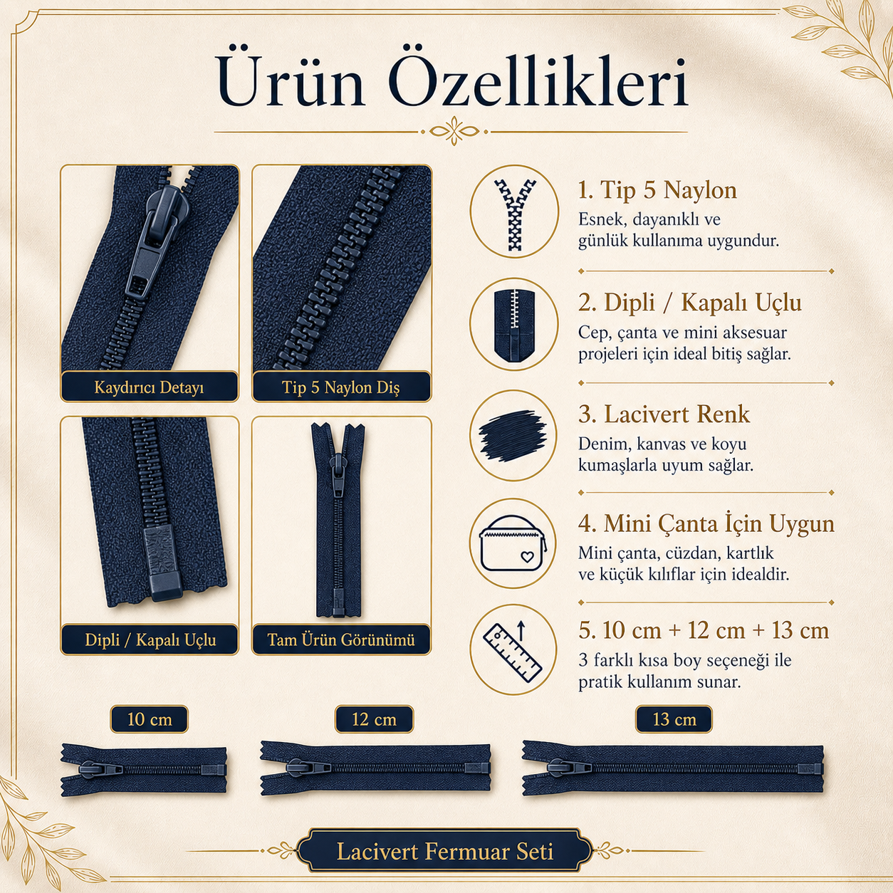 Mini Çantacı Başlangıç Seti –  Kısa Fermuar 15 Adet Lacivert Tip 5 Kapalı Uçlu Fermuar ST-0002T5