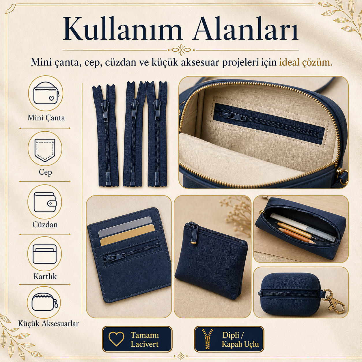 Mini Çantacı Başlangıç Seti –  Kısa Fermuar 15 Adet Lacivert Tip 5 Kapalı Uçlu Fermuar ST-0002T5