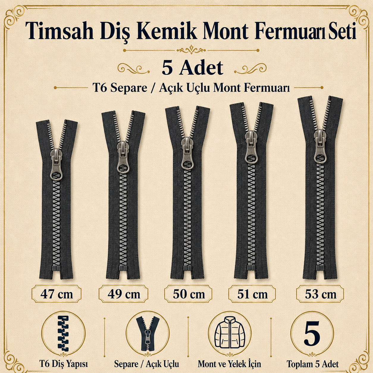 Timsah Diş Kemik Mont Fermuarı Seti 5 Adet  – 47–53 cm Kısa Mont ve Ceket İçin -ST-0003T5