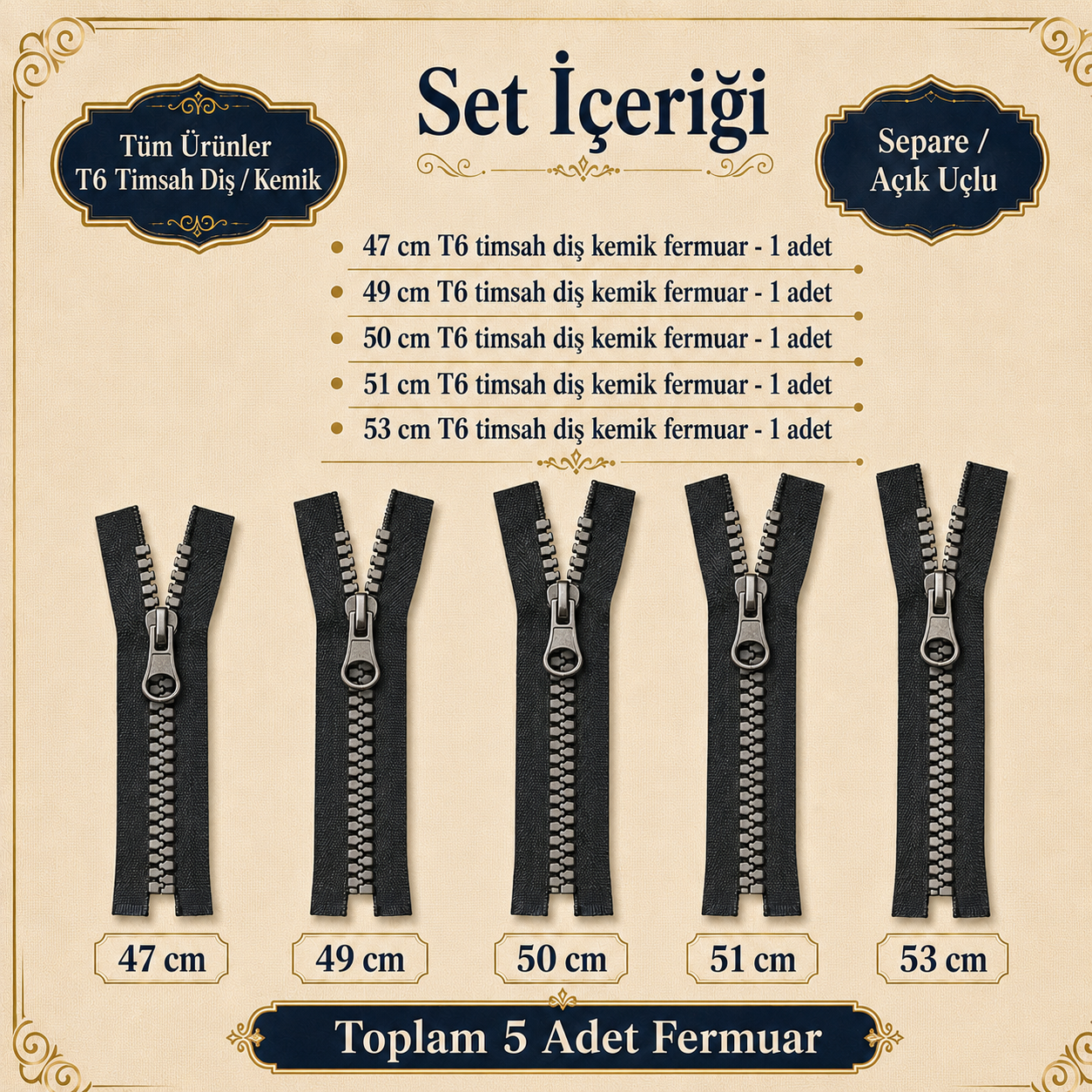 Timsah Diş Kemik Mont Fermuarı Seti 5 Adet  – 47–53 cm Kısa Mont ve Ceket İçin -ST-0003T5
