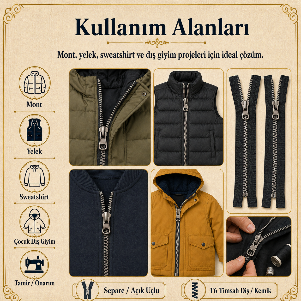 Timsah Diş Kemik Mont Fermuarı Seti 5 Adet  – 47–53 cm Kısa Mont ve Ceket İçin -ST-0003T5