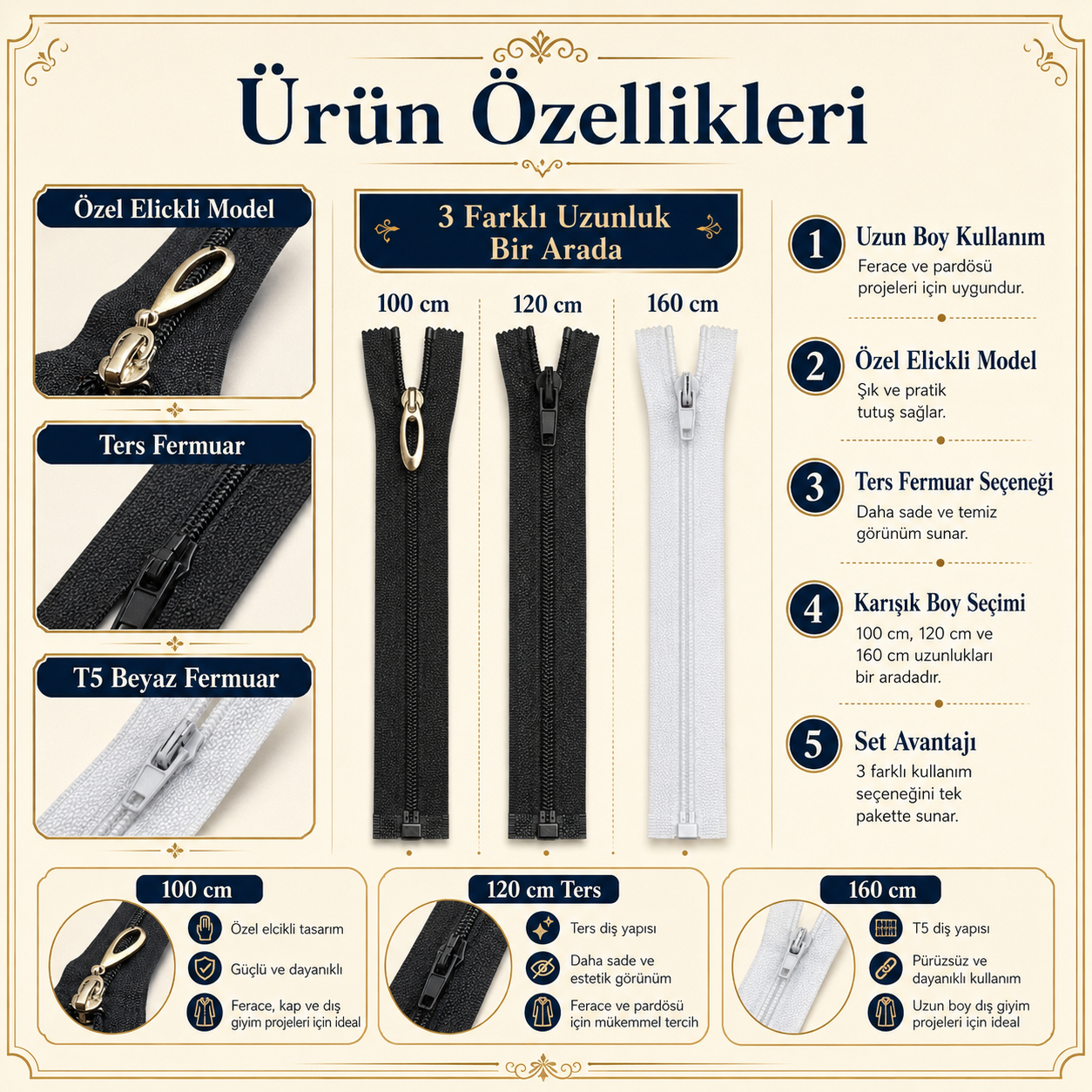 Terzi ve Ferace Atölyeleri İçin Uzun Fermuar Seti –  Hazır Tamir ve Üretim Paketi 3 Adet - ST-0005T5
