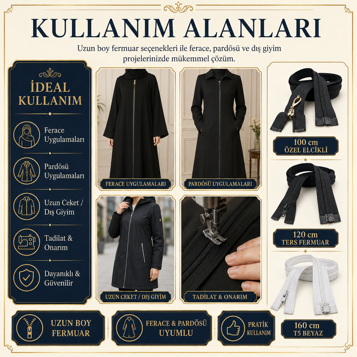 Terzi ve Ferace Atölyeleri İçin Uzun Fermuar Seti –  Hazır Tamir ve Üretim Paketi 3 Adet - ST-0005T5
