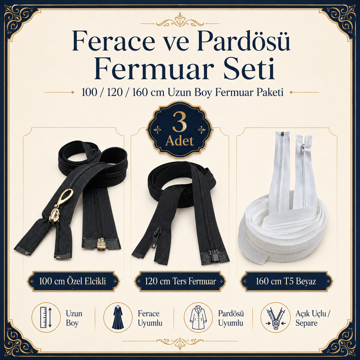 Terzi ve Ferace Atölyeleri İçin Uzun Fermuar Seti –  Hazır Tamir ve Üretim Paketi 3 Adet - ST-0005T5