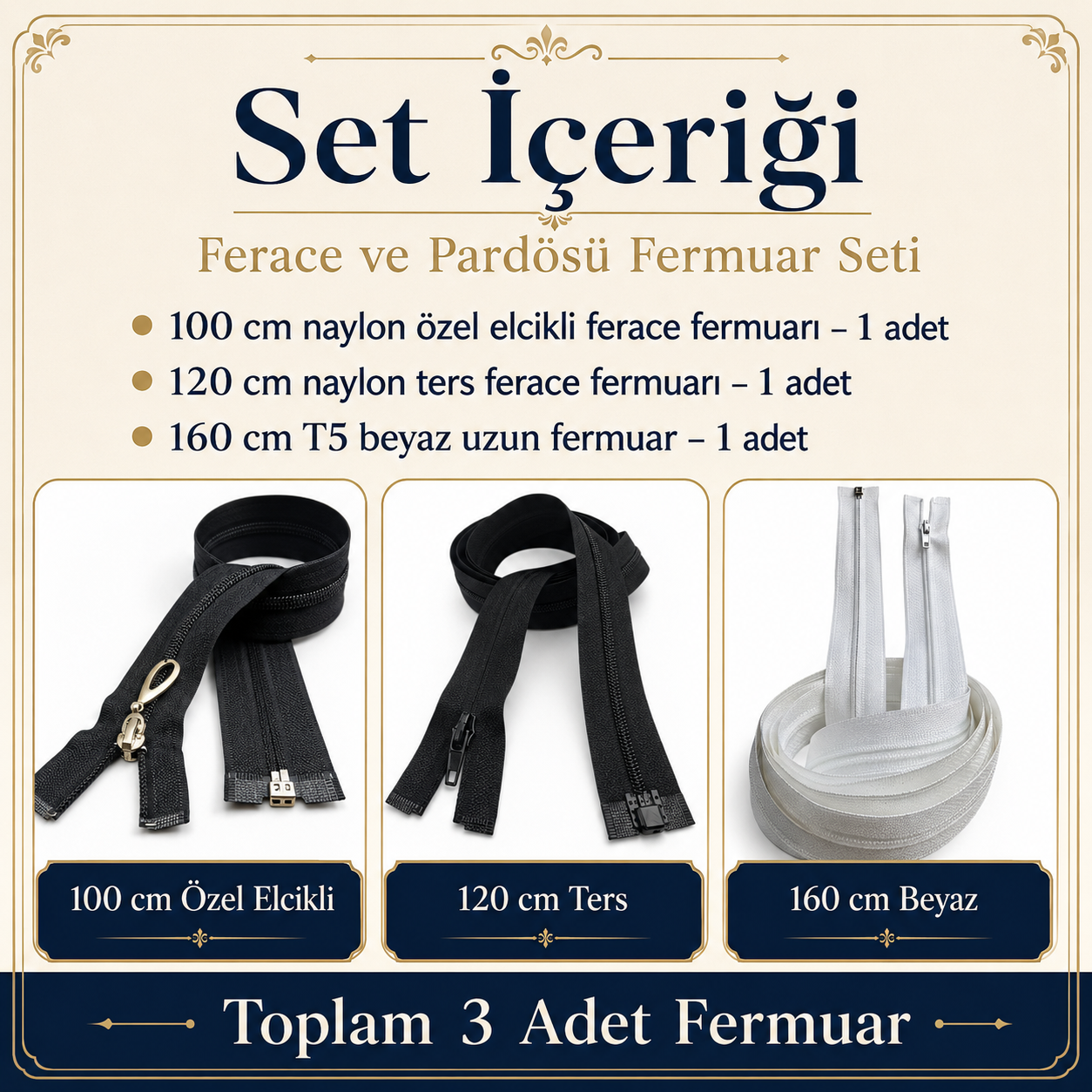 Terzi ve Ferace Atölyeleri İçin Uzun Fermuar Seti –  Hazır Tamir ve Üretim Paketi 3 Adet - ST-0005T5