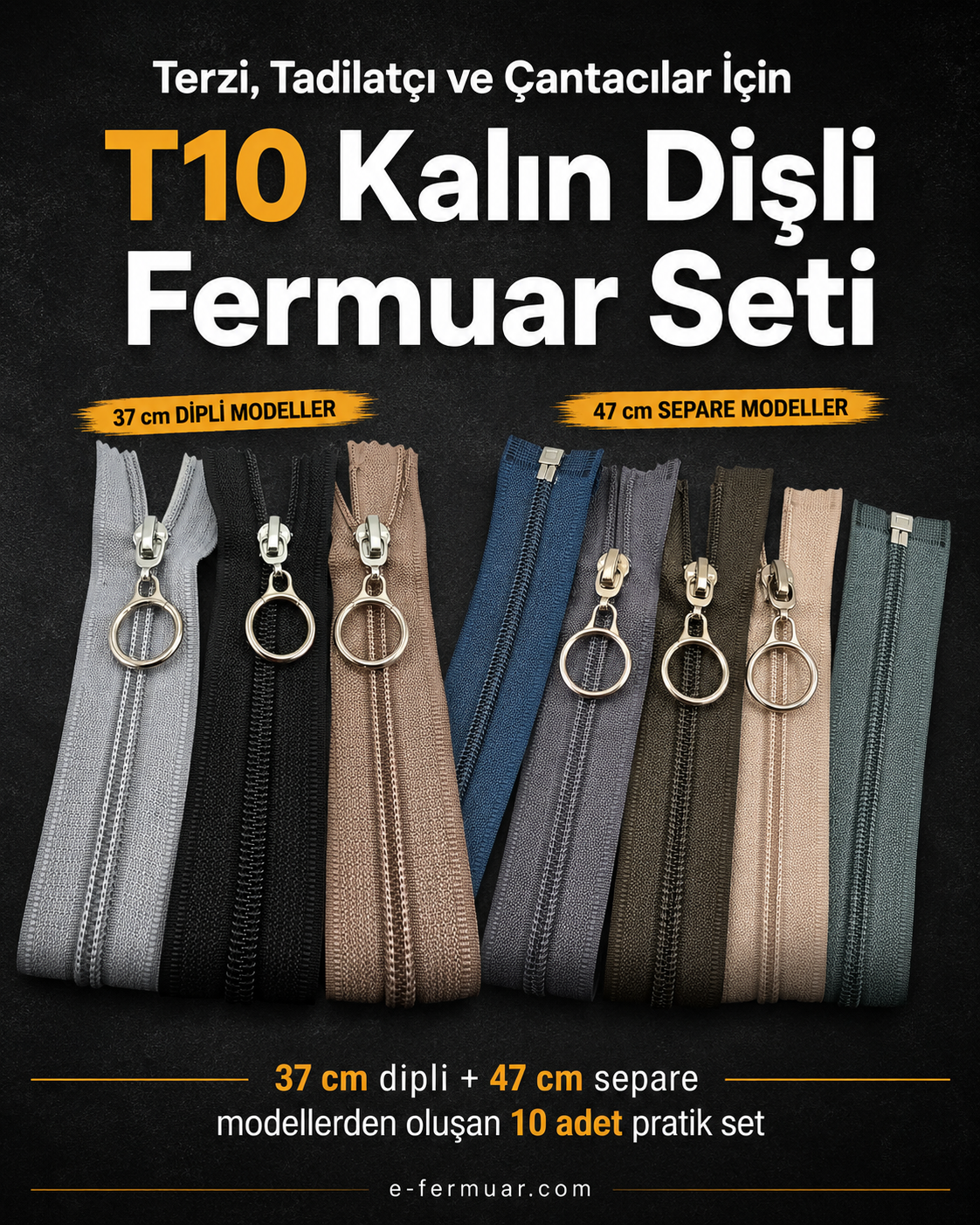 T10 kalın dişli, dayanıklı fermuar seti; 37 ve 47 cm boyutlarında, 10 adet.