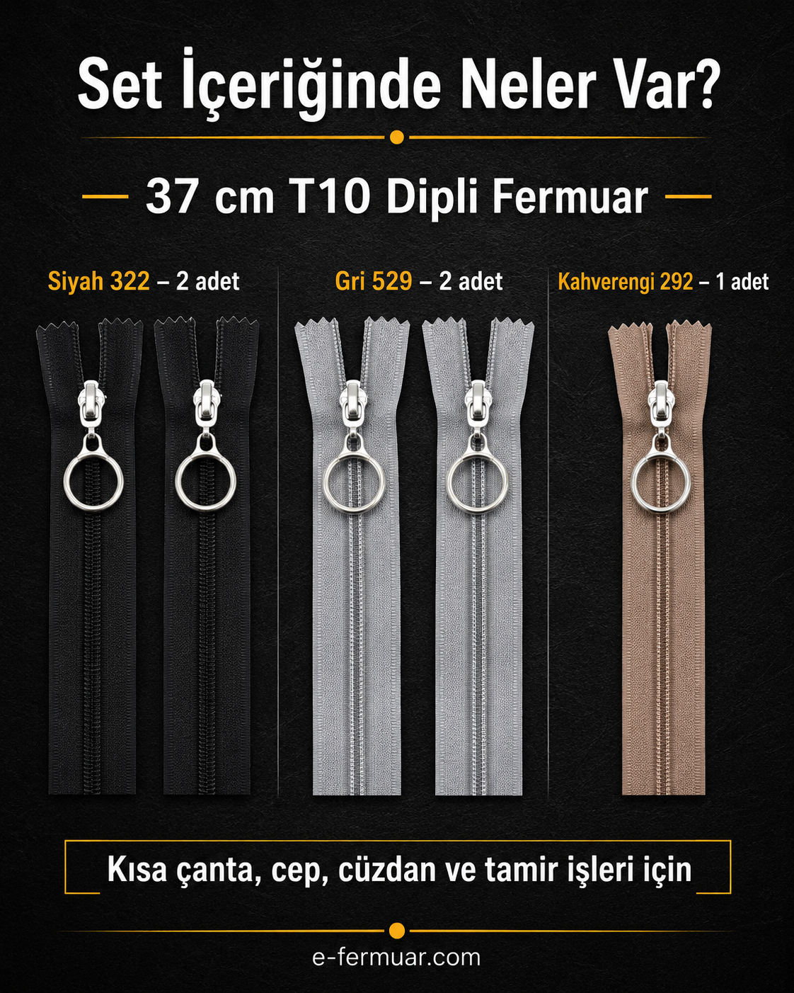 T10 kalın dişli, dayanıklı fermuar seti; 37 ve 47 cm boyutlarında, 10 adet.