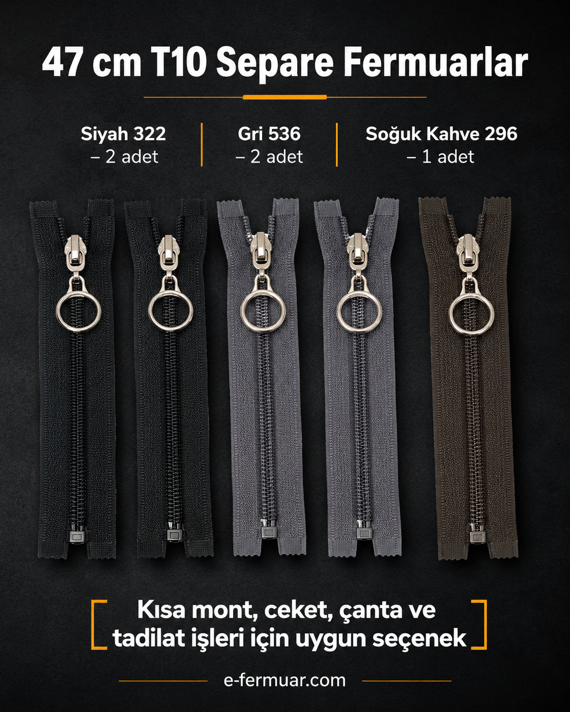 T10 kalın dişli, dayanıklı fermuar seti; 37 ve 47 cm boyutlarında, 10 adet.