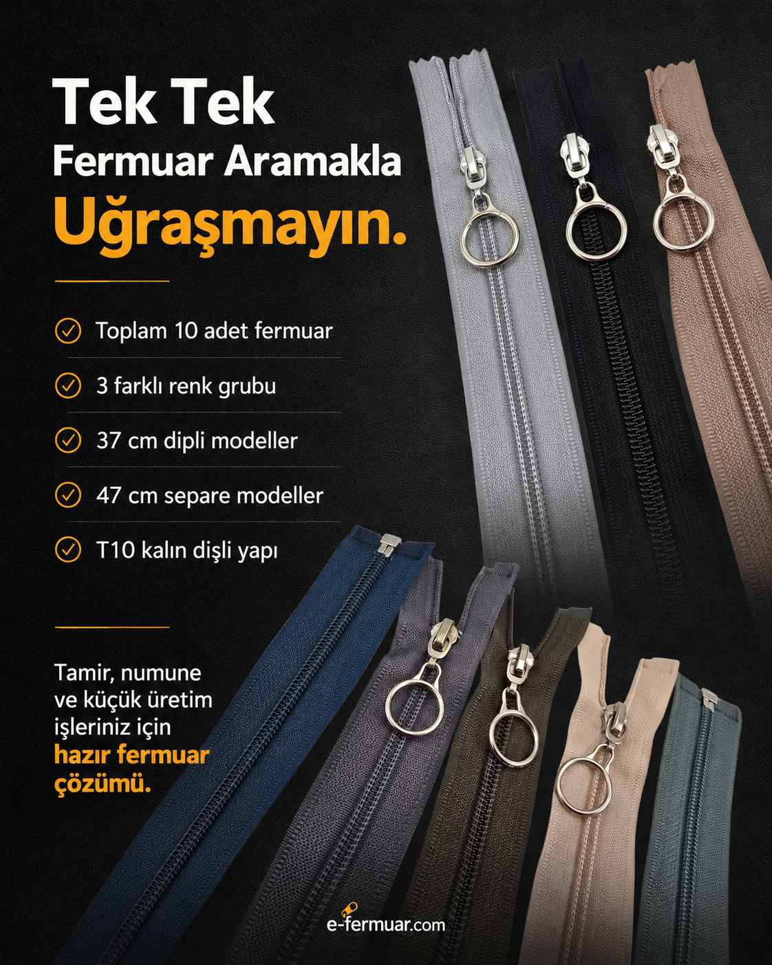 T10 kalın dişli, dayanıklı fermuar seti; 37 ve 47 cm boyutlarında, 10 adet.