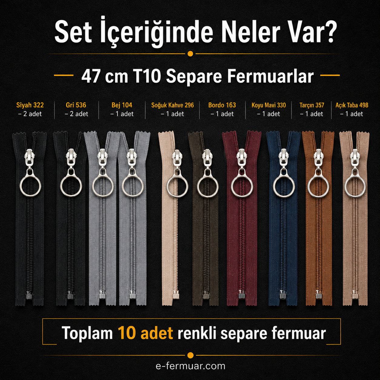 Yelek Atölyeleri ve Çocuk Montu İçin 47 cm Renkli T10 Separe Fermuar Seti – 10 Adet - ST-0007T10