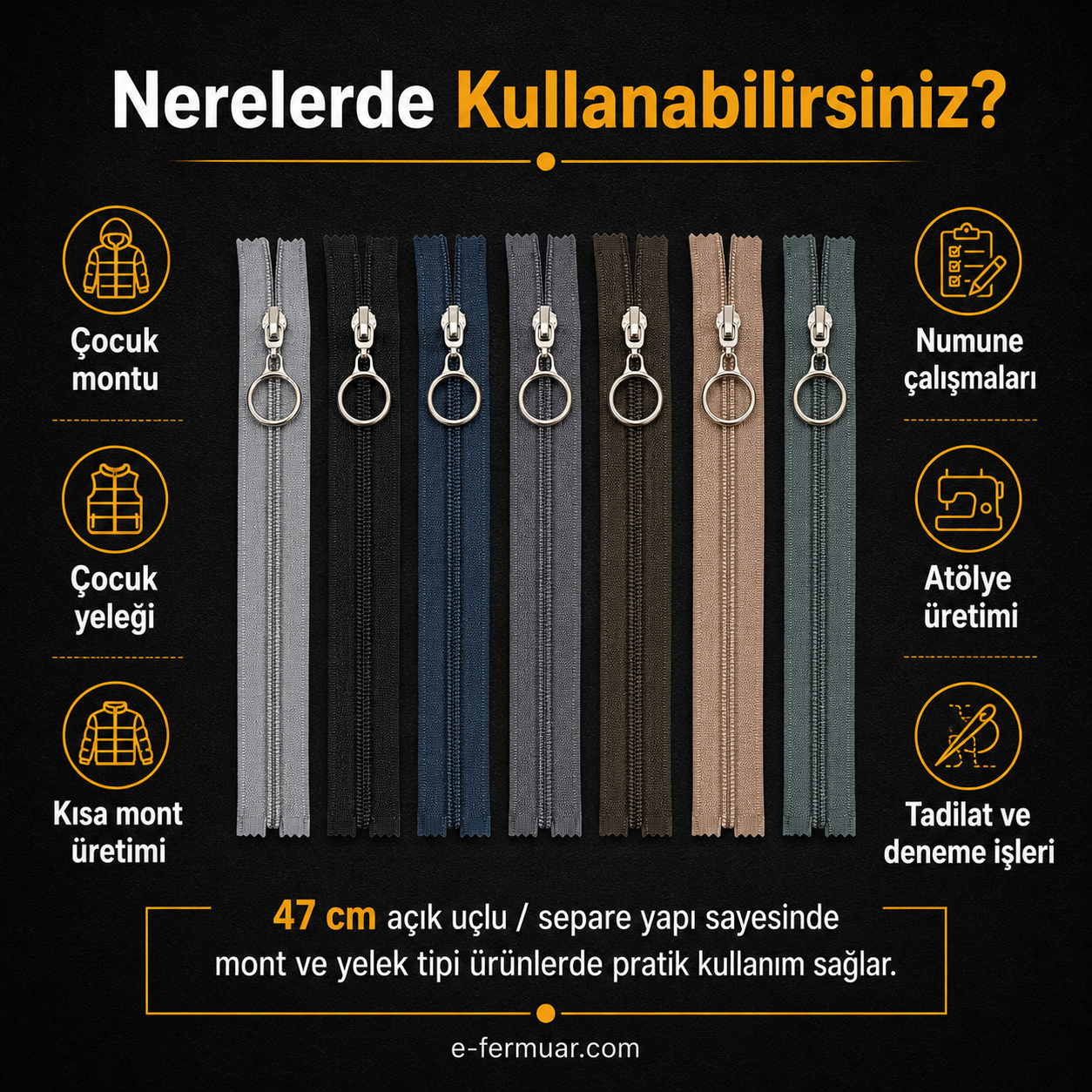Yelek Atölyeleri ve Çocuk Montu İçin 47 cm Renkli T10 Separe Fermuar Seti – 10 Adet - ST-0007T10