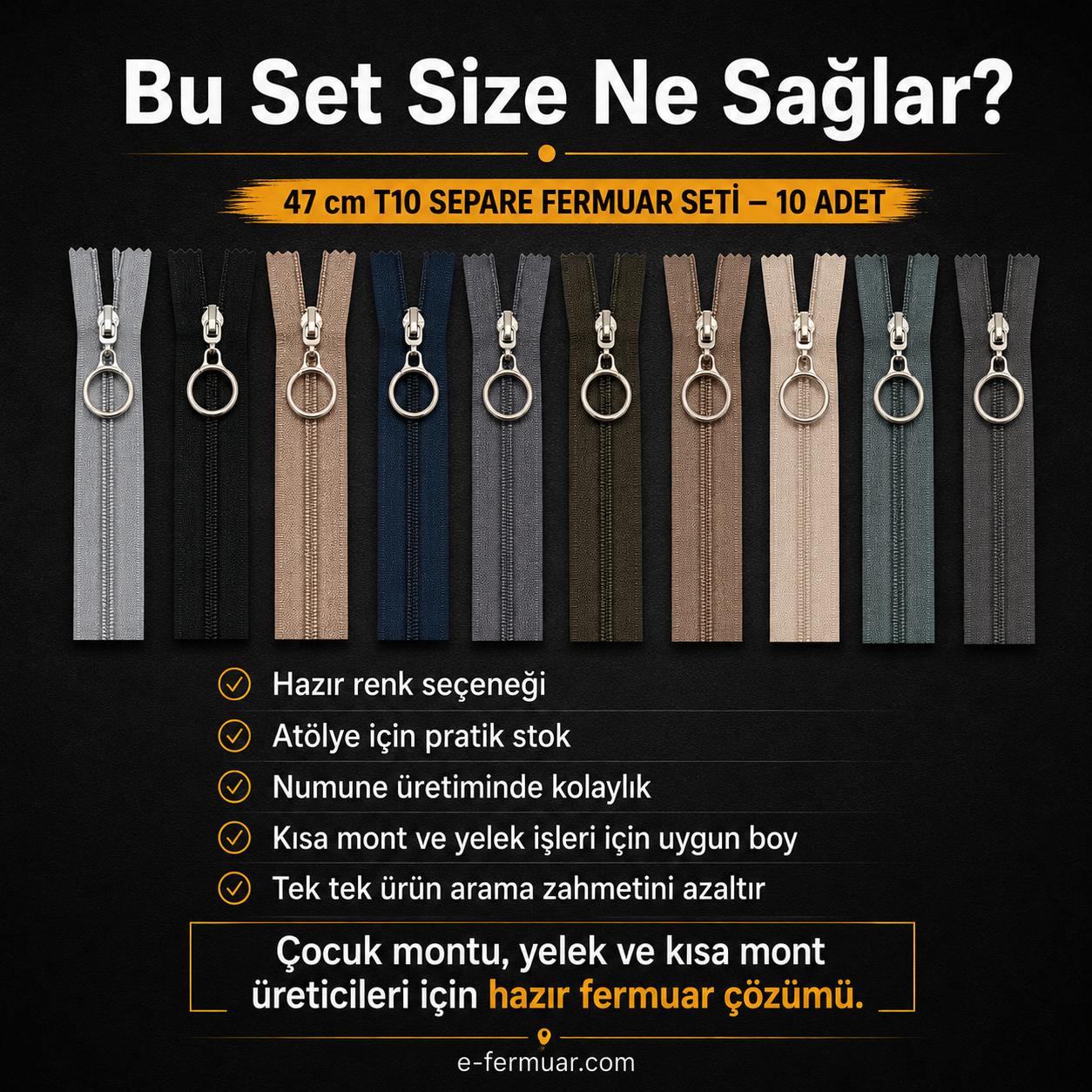 Yelek Atölyeleri ve Çocuk Montu İçin 47 cm Renkli T10 Separe Fermuar Seti – 10 Adet - ST-0007T10