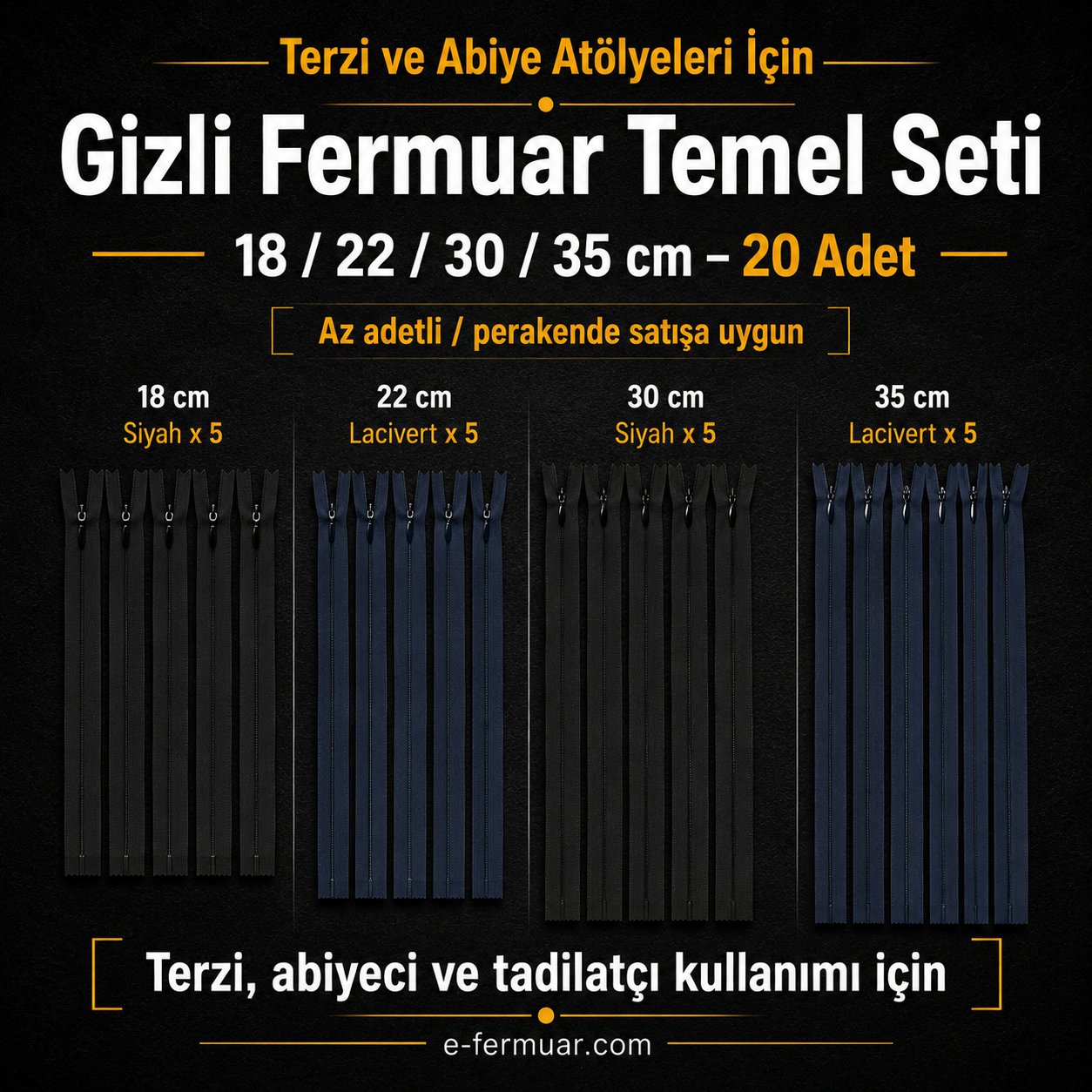 Çeşitli boyutlarda 20 adet gizli fermuar içeren set, terzi ve abiye ürünler için ideal.
