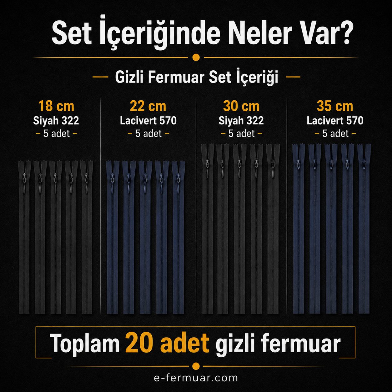 Çeşitli boyutlarda 20 adet gizli fermuar içeren set, terzi ve abiye ürünler için ideal.