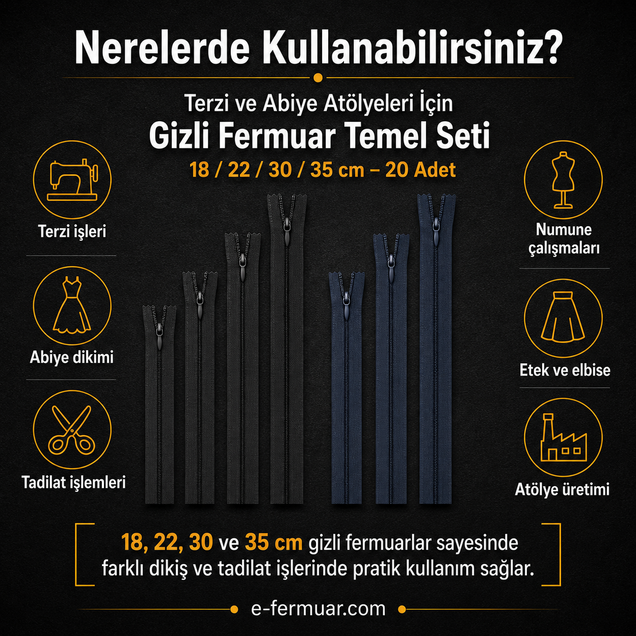 Çeşitli boyutlarda 20 adet gizli fermuar içeren set, terzi ve abiye ürünler için ideal.
