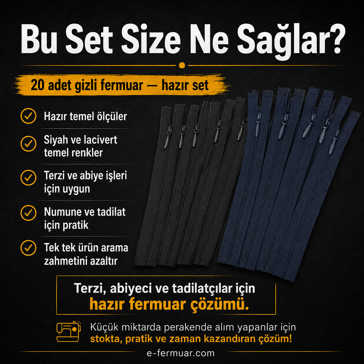 Çeşitli boyutlarda 20 adet gizli fermuar içeren set, terzi ve abiye ürünler için ideal.