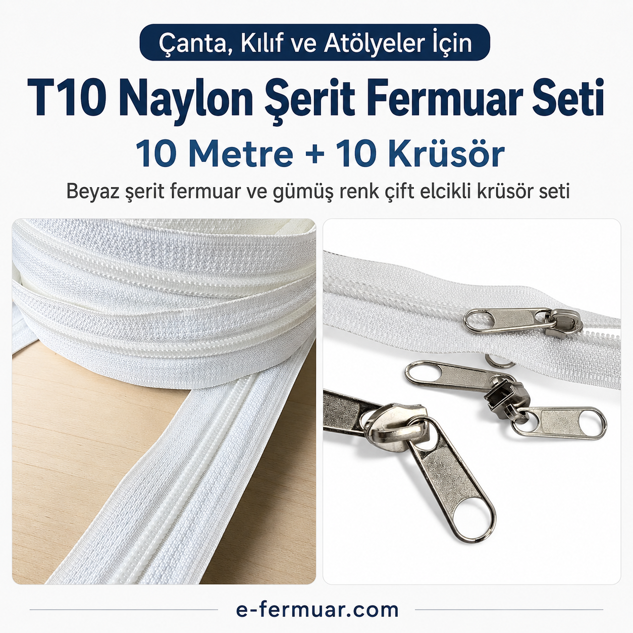 10 metre uzunluğunda T10 tipi naylon fermuar ve 10 adet krüsör içeren set.