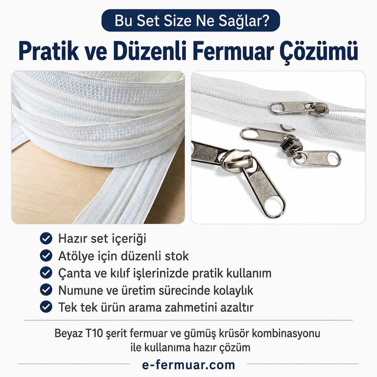 10 metre uzunluğunda T10 tipi naylon fermuar ve 10 adet krüsör içeren set.