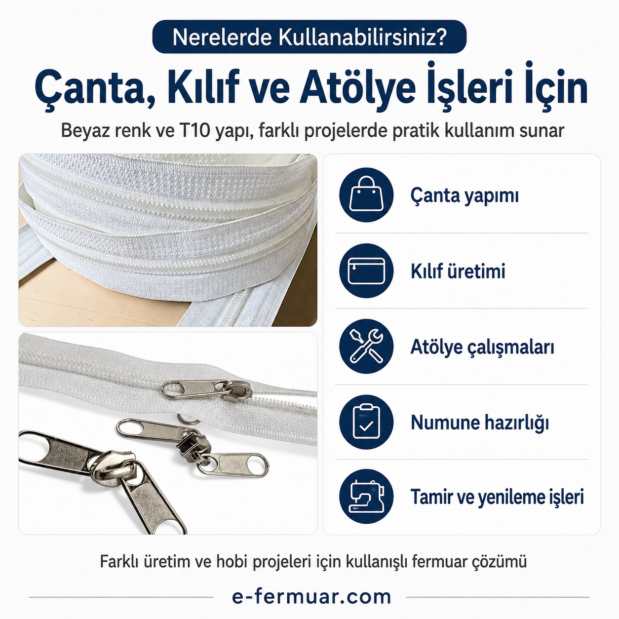 10 metre uzunluğunda T10 tipi naylon fermuar ve 10 adet krüsör içeren set.