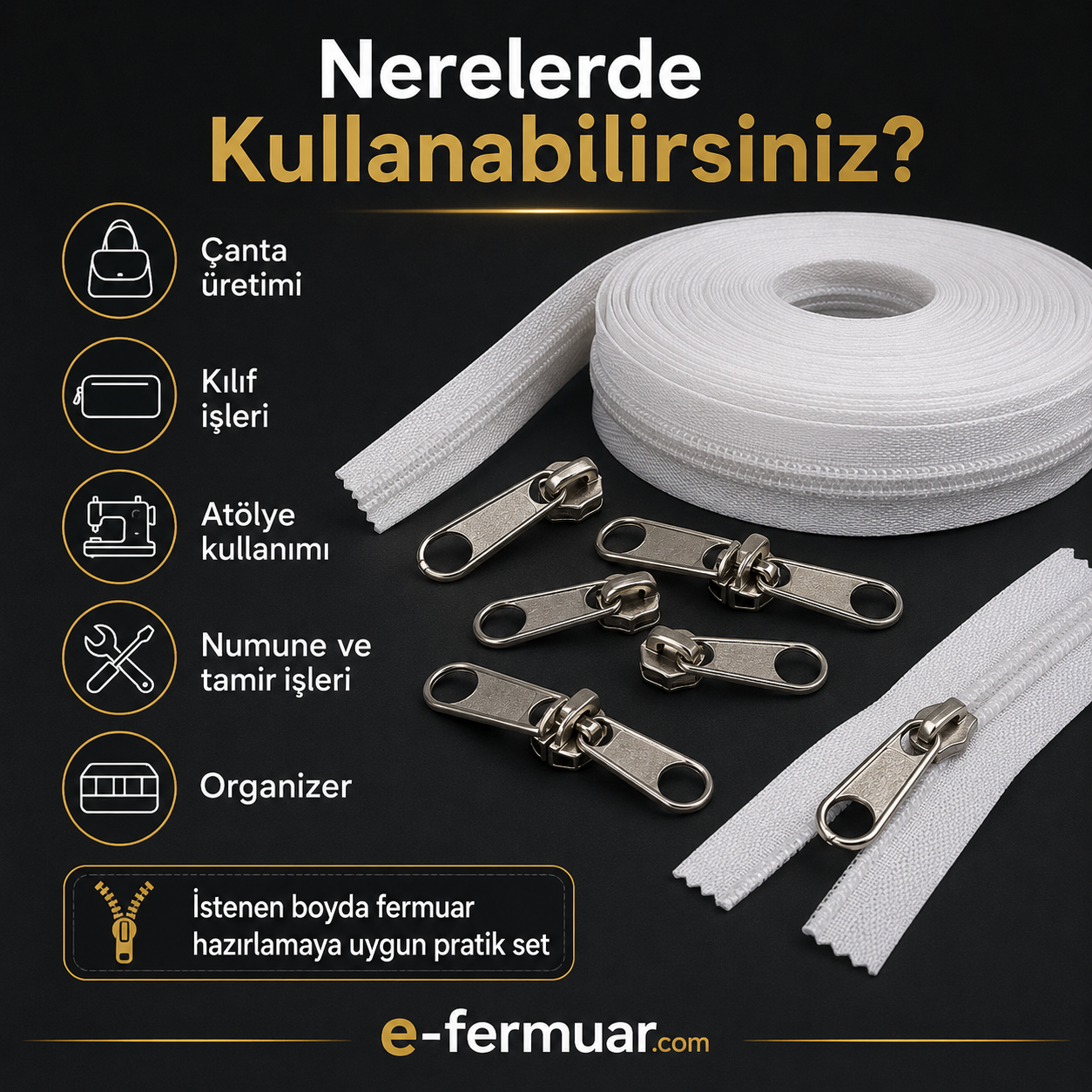 10 metre uzunluğunda dayanıklı T10 naylon fermuar ve 10 çekecek içeren set.