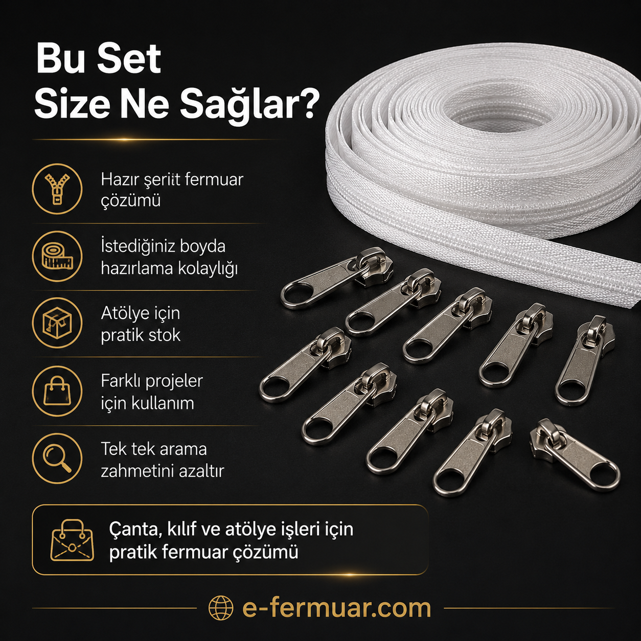 10 metre uzunluğunda dayanıklı T10 naylon fermuar ve 10 çekecek içeren set.