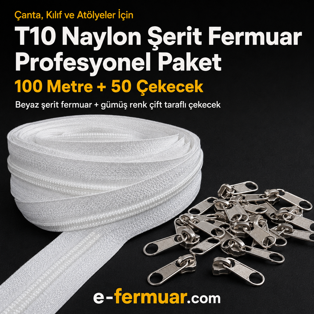 T10 tipi naylon fermuar, 100 metre uzunluk ve 50 adet çekecekle çanta ve kılıf projeleriniz için ideal.