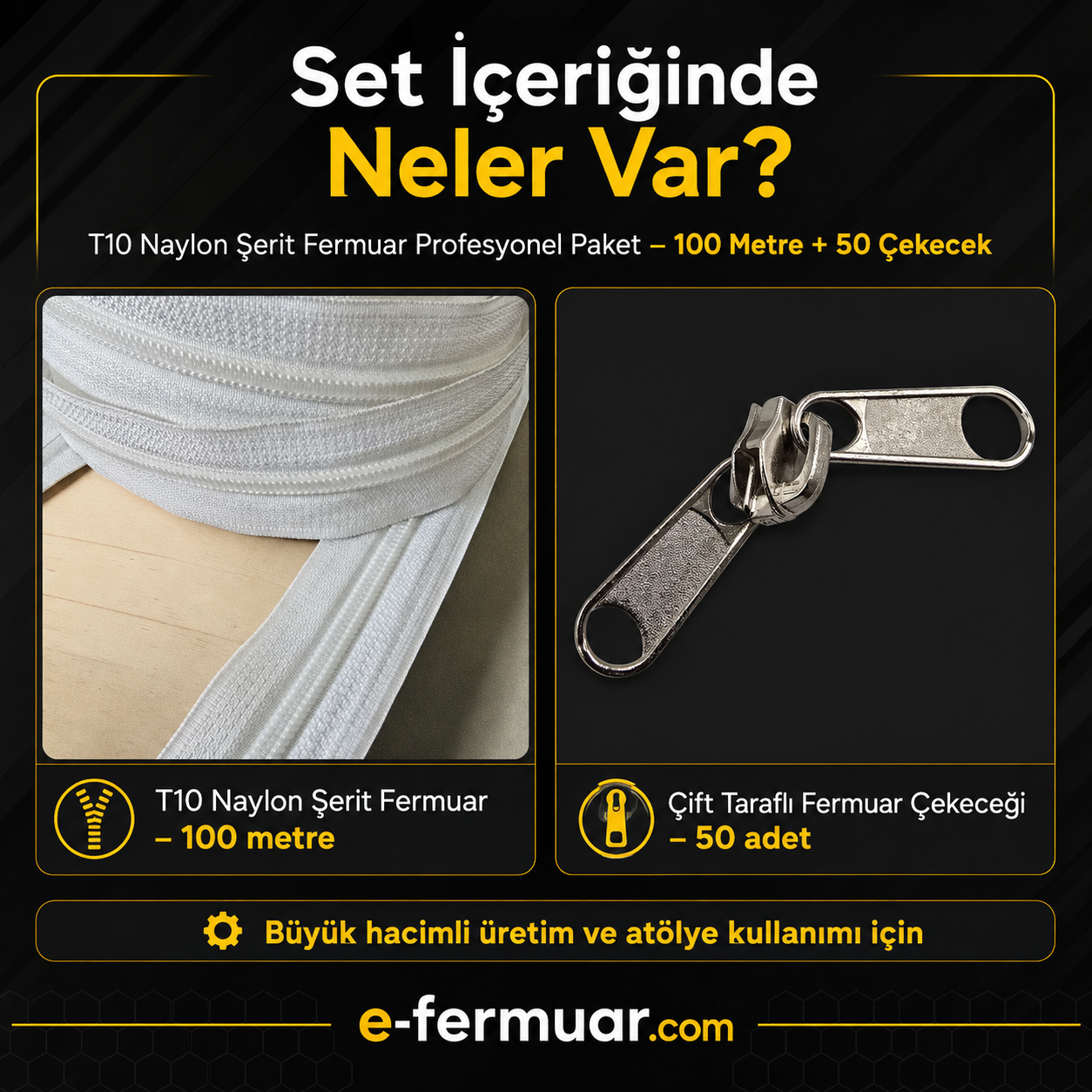T10 tipi naylon fermuar, 100 metre uzunluk ve 50 adet çekecekle çanta ve kılıf projeleriniz için ideal.