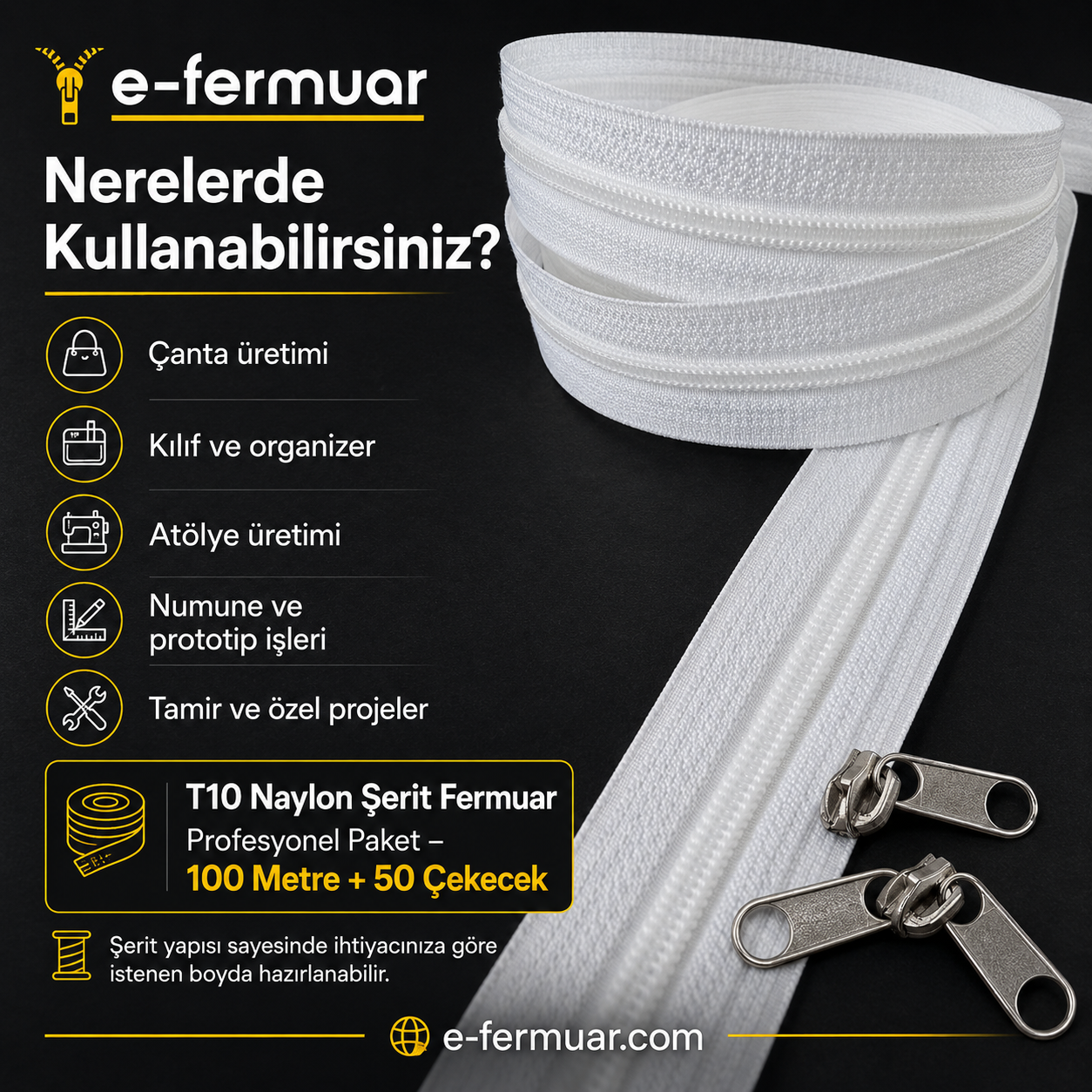 T10 tipi naylon fermuar, 100 metre uzunluk ve 50 adet çekecekle çanta ve kılıf projeleriniz için ideal.
