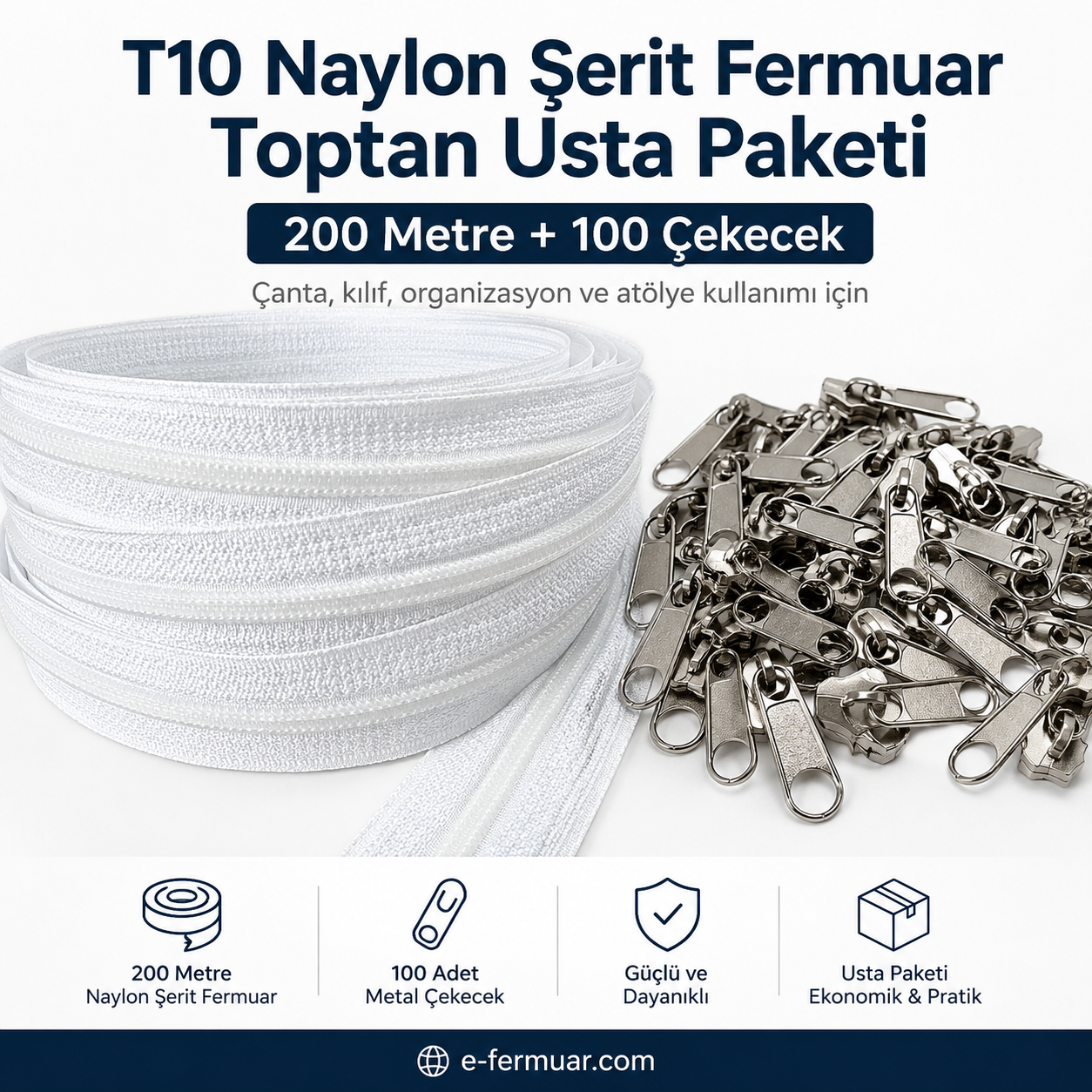 Atölyeler ve Çanta, Kılıf İçin T10 Naylon Şerit Fermuar Seti – 200 Metre + 100 Krüsör- ST-0009T10-200M100C